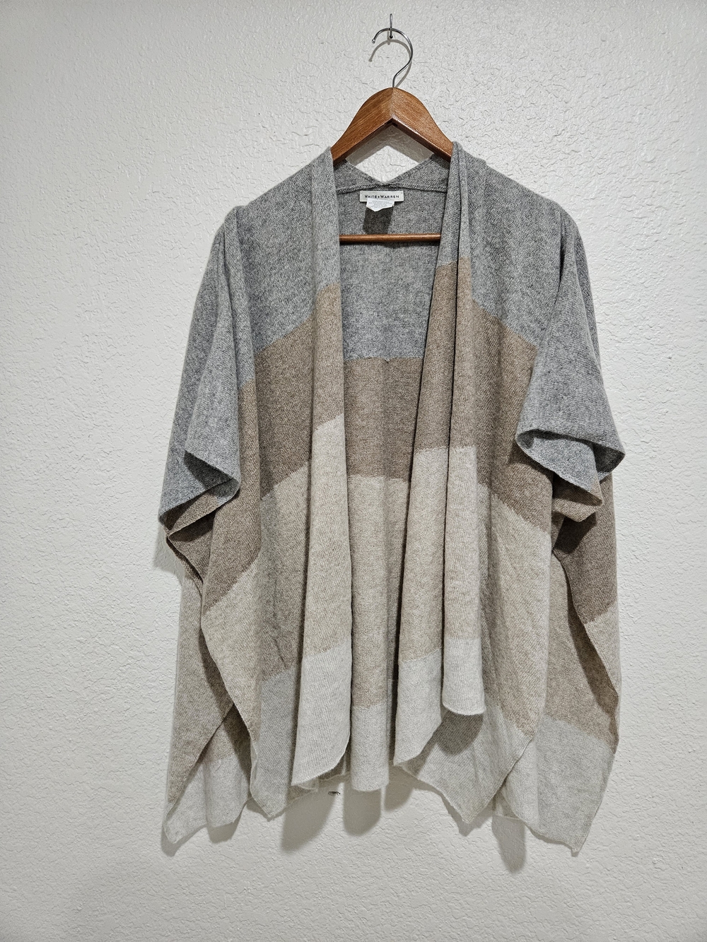 White + Warren Striped Open-Front Wrap/Pancho in Gray, Tan & Cream